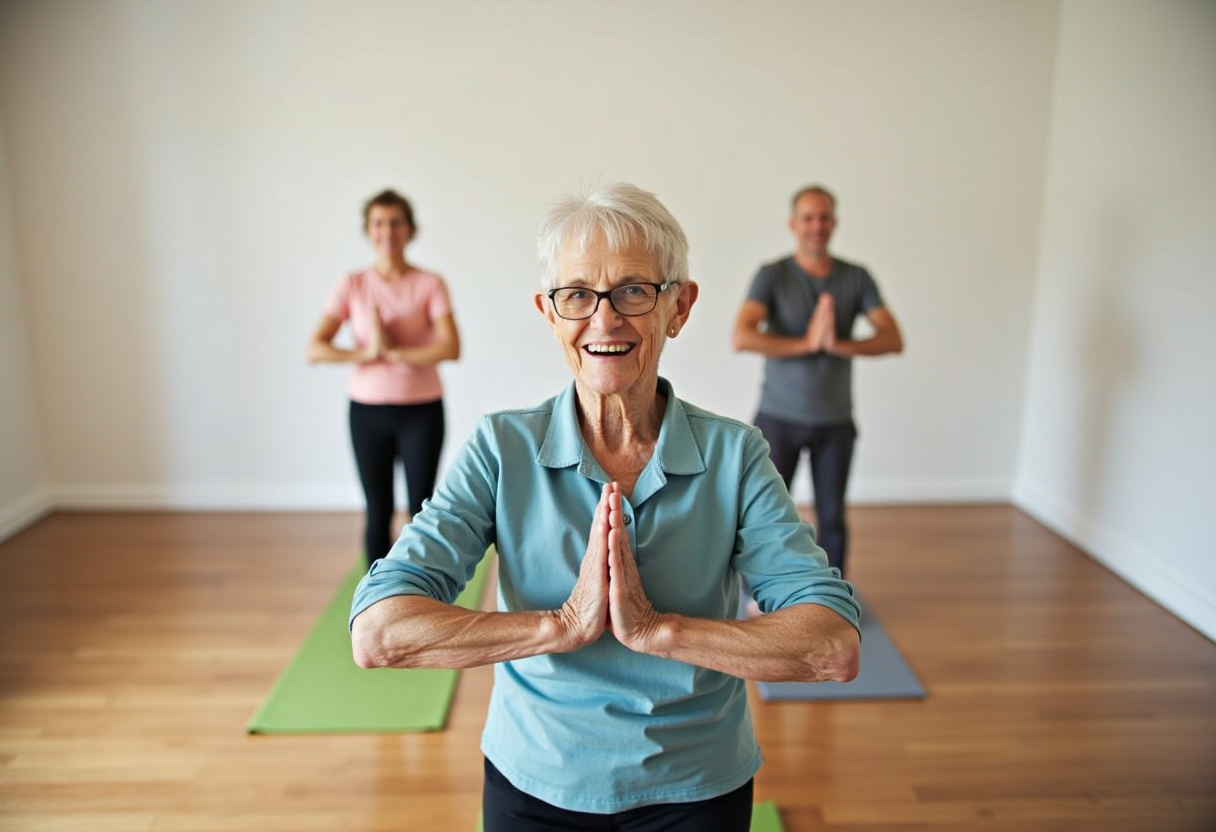 Жена в зряла възраст практикува йога на открито